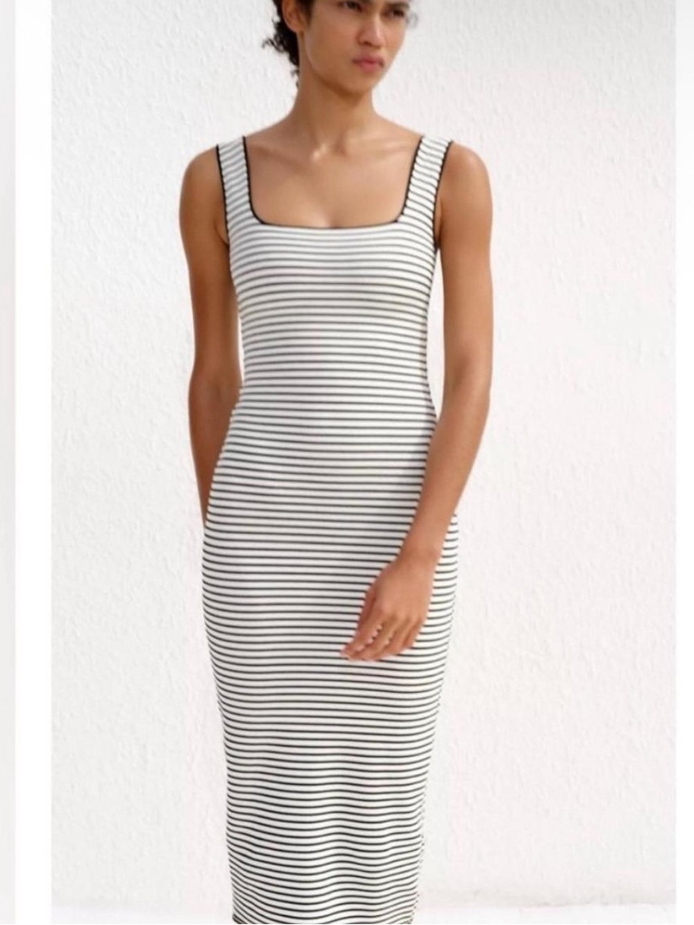 Zara Black and White Striped Square-Neck Midi Dress